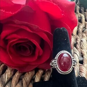 Elegant Silver Tone Red Gemstone Ring